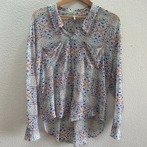 Free People Geometric Print Roll Sleeve Button Up Collared Blouse Small Sheer
